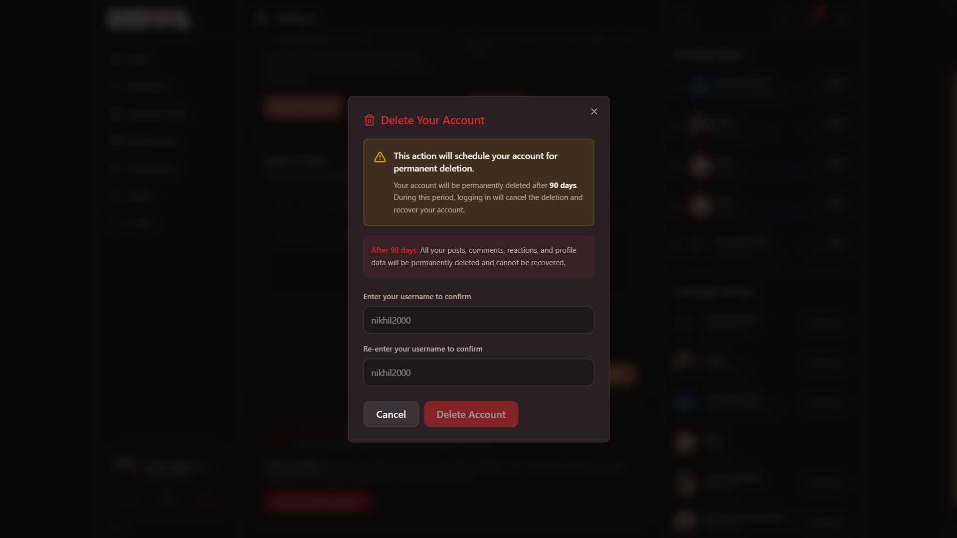 Delete Your Account confirmation modal - Desktop View